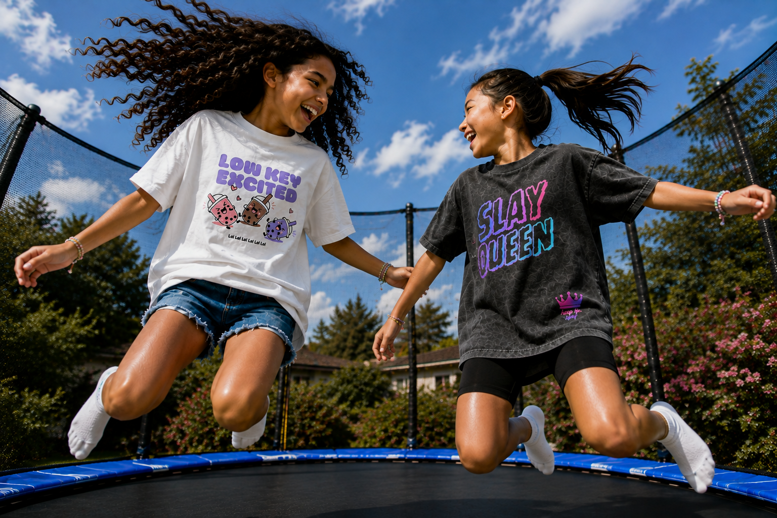 Two tweens jumping on a backyard trampoline in ZOZIBO Low Key Excited and Slay Queen graphic tees
