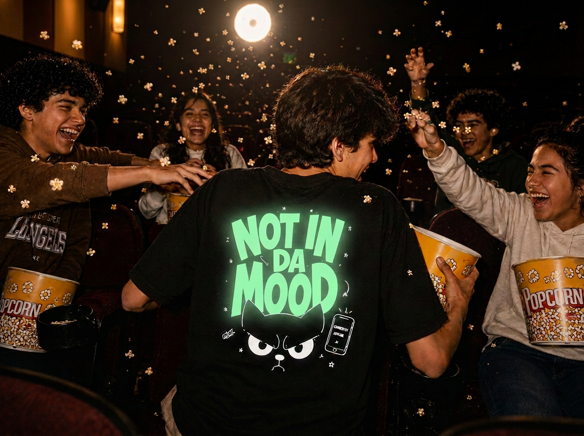 Kids in oversized ZOZIBO art-print tees glowing under neon light