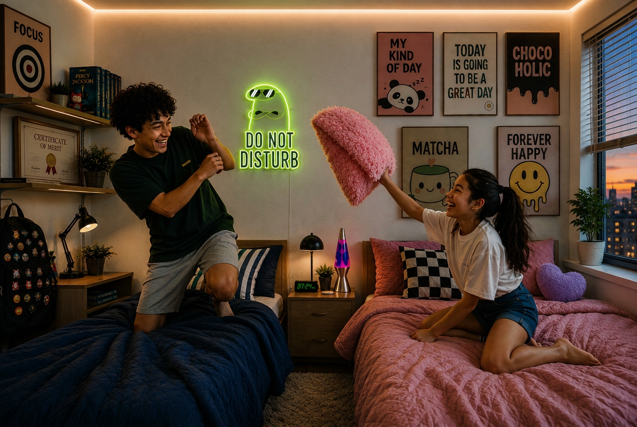 Two tweens in a pillow fight in a bedroom styled with ZOZIBO posters, neon sign and playful decor